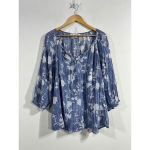 Como Blu Boho Floral Peasant Blouse 3/4 Sleeve Tie Neck Top Womens 1X Coastal